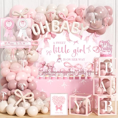 Costova Pink Bow Baby Shower Decorations Kit 144 Pcs Complete Coquette Baby Shower Party Supplies for Girl Pink Bow Themed Party Dcor