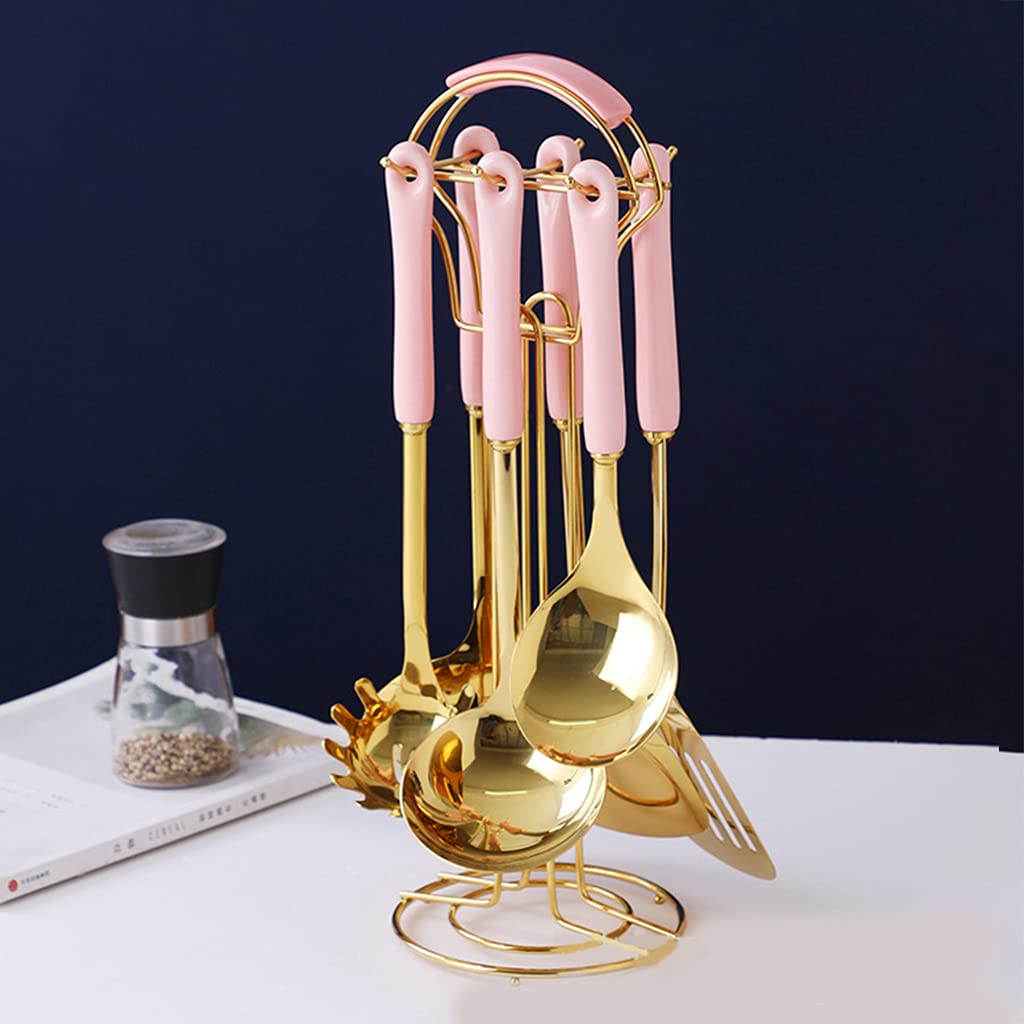 Luxuriöses Küchenutensilien-Set, Edelstahl, Kochlöffel, Spatel, Schaufel mit Keramikgriff, Halter, Kochgeschirr, Backutensilien, 7-teilig