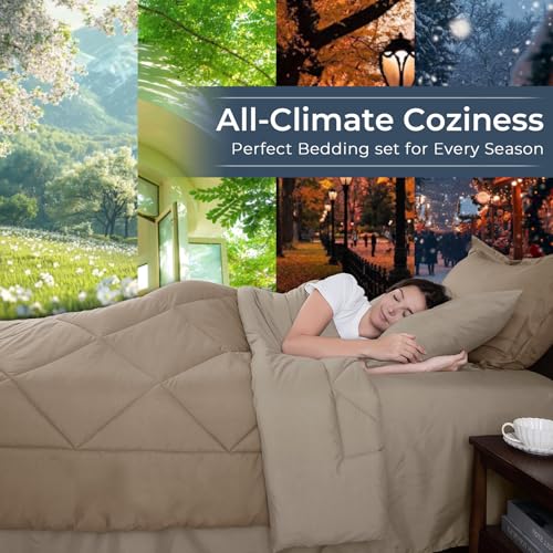 HEVUMYI Khaki & Linen King Comforter Set - 7-Piece All Season Bed in a Bag King, Ultra Soft Bedding Set with Comforter, Flat Sheet, Fitted Sheet, Pillowcases, Pillow Shams