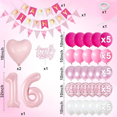 Image of Pink 16th Birthday Decorations for Girls, Sweet 16 Balloon Hot Light Pink White Confetti Balloons Number 1 6 Balloon Heart Happy Birthday Banner Cake Topper for Princess 16 Year Old Bday Party Decor