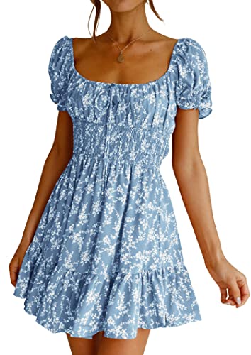 Imily Bela Womens Summer Dress Puff Sleeve Smocked Floral Print Ruffle Swing Mini Dress Blue