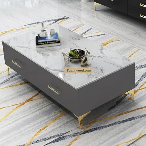 Image of Furo Premium Marble-Top Wooden Center Table for Living Room | PVD Coating Iron Legs| Modern Entryway Furniture | Coffee Table - 42x24x17 Inch (Grey)