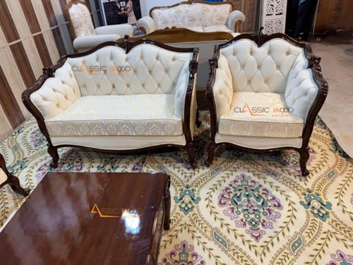 Image of Classic Wood and Craft 3+2+2+1+1 Royal Hand-Carved Teak Wood Sofa Set 9 Seater with Center Table Cream Tufted Upholstery & Dark Walnut Finish Antique Living Room Furniture for Luxury Home Decor