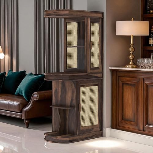 Image of The Attic Jaigarh Bar Cabinet, Hard and Soft Drinks Bar Storage Cabinet, Wine Wisky Scotch, Round Bar for Home, Walnut Finish