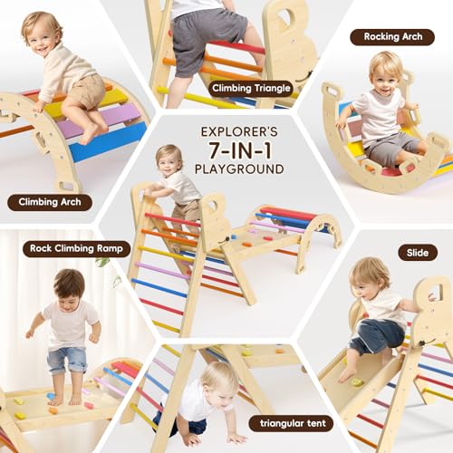 pikler triangle set climbing toys for toddlers 1-3 inside montessori indoor playground jungle play gym gift for 1 2 3 4 year old boys girls rainbow