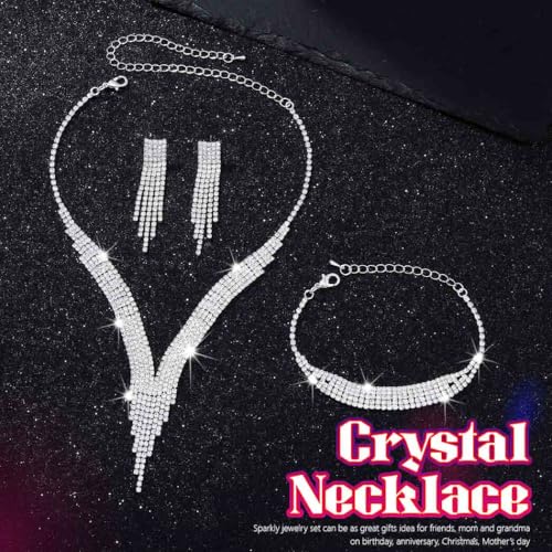 Sixexey Rhinestone Bridal Necklace Earrings Sparkly Jewelry Set Prom Wedding Party Necklace Jewelry Accessories for Women2