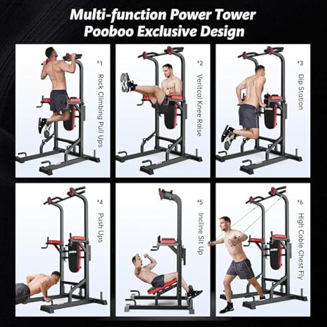 Pooboo Power Tower Dip Station Pull Up Bar for Fitness Home Gym Workout,Multi-Function Adjustable Height Fitness Strength Training Exercise Equipment,with Supine Board