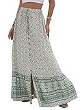 Alamoda Women's Chic Button-Down Tie up High Waist Floral Printed Boho A-Line Ruffle Swing Long Maxi Skirt with Slit (Green, Large, l)