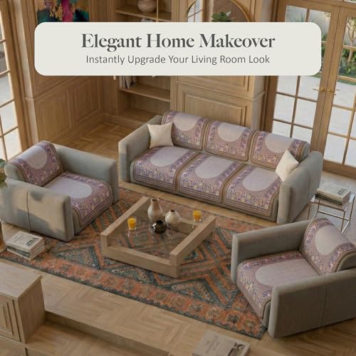 Image of Kuber Industries 5 Seater Sofa Cover | Slipcover for Living Room | Thick & Cozy | Non-Slip Comfort Sofa Cover Set | Rajasthani Border Malibu 1351 - Brown