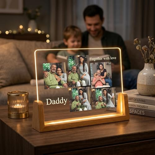 Image of Giftplease Personalized Daddy Together with Love Acrylic LED Photo Frame with Wooden Base | Customized Multi-Photo Lamp for Father's Day, Birthday | Warm Glow Night Light