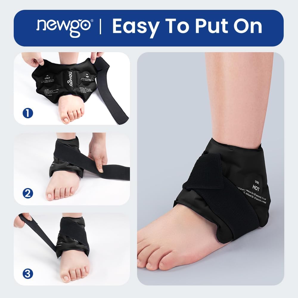 NEWGO Ankle Ice Pack Wrap for Swelling, Ice Pack for Ankle Injuires Reusable Hot Cold Therapy Gel Cold Pack for Sprained Ankles, Achilles Tendonitis - Black