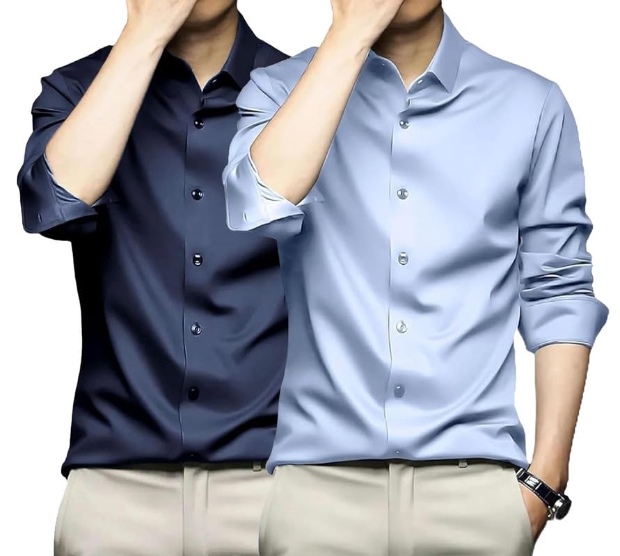 Image of DEELMO Combo of Men's Stylish Solid Satin Casual Shirt for Men Full Sleeves| Poly Satin Silk Shirt Pack of 2