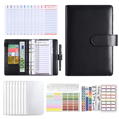 Classeur budget A6, budget planner,Avec 12 feuilles de budget et 8 poches à fermeture éclair transparentes, adaptées pour ranger de l'argent liquide, des timbres, des coupons, etc(noir)