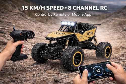Image of TEC TAVAKKAL 4 * 4 Rechargeable Rock Climber RC Car with Bluetooth Music, Mist Spray & LED Lights | 2.4GHz Off-Road Remote and Mobile Connect Control Car | Dual Motor, Shock Absorber (Gold)