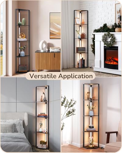 Image of EDISHINE 64'' Corner Display Shelf Floor Lamp, 3CCT, Floor Lamp, Black | Stepless Dimming, Modern 4-Layer Shelf, Foot Switch, 3000K-4000K-5000K, Tall Corner Lamp for Bedroom, Office, Dining Room
