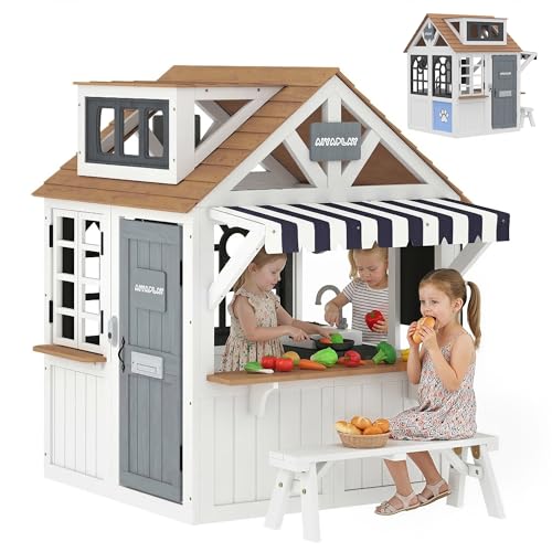 AIYAPLAY Cabane Enfant extérieur en Bois, Maison Enfant extérieure/intérieure avec chatière ustensiles de Cuisine Tableau Noir Banc et Sonnette, maisonnette de Jeu...