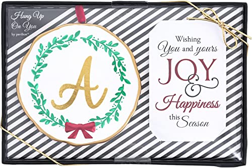 Pavilion Gift Company Christmas Monogrammed Ornament - 4” Gold and White with Holly and Red Bow Round Holiday Keepsake Gift - Initial A - Gift Ready Packaged Set