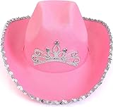 Skeleteen Pink Cowboy Hat - Pink Sequin Cowgirl Princess Hat with Crown Tiara Design
