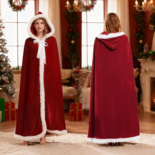 Weihnachten Santa Claus Umhang mit Kapuze, Weihnachtsmantel Cape, Umhang Kapuzenmantel Rot Samt, Roter Kapuzenumhang, Weihnachtsfrau Kostüm für Kinder, Jugendliche und Erwachsene Weihnachten Cosplay