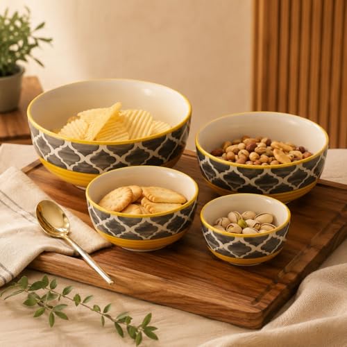 Image of Ceramic Mixing Bowl Set - 4 Pieces (1500ml, 800ml, 600ml, 400ml), Yellow Grey - Durable, Microwave & Dishwasher Safe - Ideal for Mixing, Serving & Storage