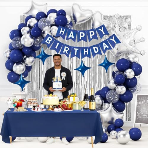 Navy Blue Birthday Party Decorations Set – 92Pcs Set with Banner, Star Garland, Crown, Heart & Star Foil Balloons, Fringe Curtain, Cake Topper, Tablecloth, Latex & Confetti Balloons for Men & Women - image 5