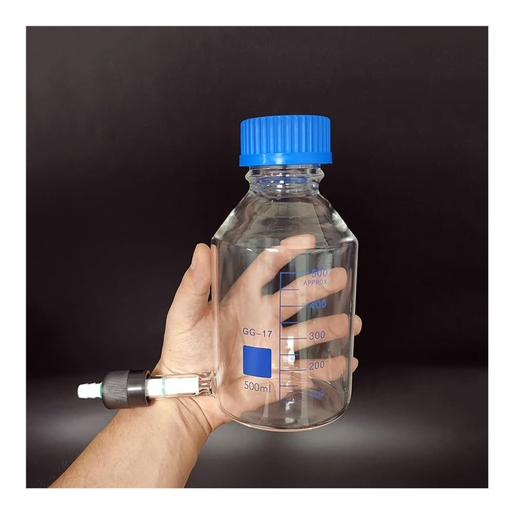 Equipos y suministros de laboratorio Frasco de reactivo, tapa rosca azul GL45mm, válvula inferior PTFE alto vacío con orificio succión, vidrio borosilicato, plástico