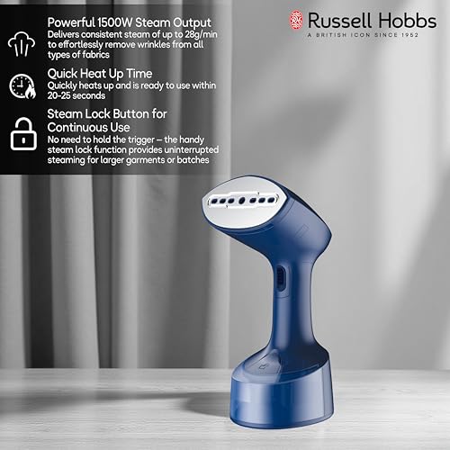 Image of Russell Hobbs 1500W Foldable Handheld Garment Steamer | Quick Heat-Up in 25s, 24g Constant Steam Output with Lock Button | Brush Attachment & 99.9% Bacteria Removal | RGS1500HANDYF (Blue)