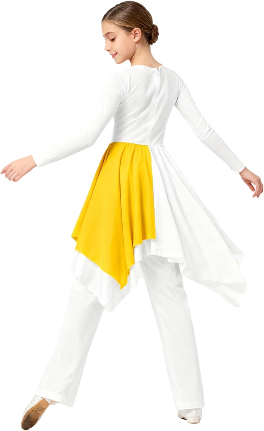 Hedmy Kids Girls Liturgical Worship Dance Outfits Metallic Color Block Dress With Pants Church Yellow 8 Years