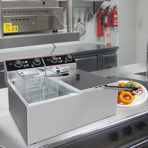 Commercial Deep Fryer, 23 QT Electric Deep Fryer with Double Basket and Lid, Stainless Steel Deep Fryer with Independent Temperature Control for Restaurant or Home Use, 1500W+1500W