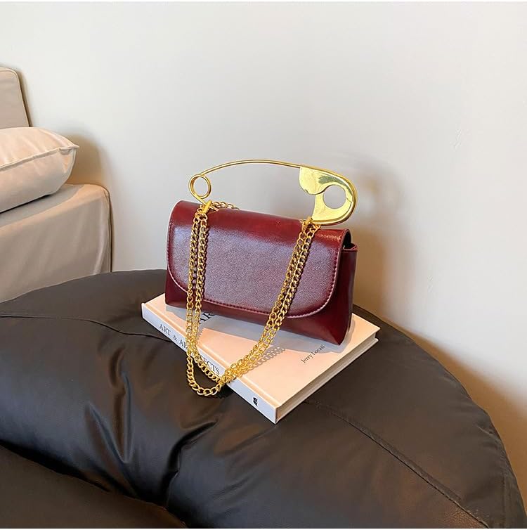 Women's Unique Safety Pin Crossbody Purse Leather Clutch Bag With Gold Handles Chain - Image 2