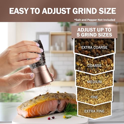 Image of Home EC Original Copper Salt and Pepper Grinder Set of 2 - Adjustable Ceramic Grinder - Glass Salt and Pepper Shakers With Funnel and Ebook - Kitchen Spice Mill - Copper Kitchen Accessories