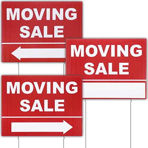 3 Pack Moving Sale Sign Kit 12 x 16 Inch Double Sided Yard Sale Signs with Stakes Corrugated Plastic Estate Sale Signs with Directional Arrows for Real Estate Agents Supplies (Red)