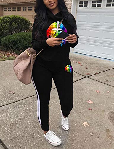 Womens Casual 2 Piece Outfit, Camouflage Letter Print Long Sleeve Pullover Sweatshirt Pants Tracksuits Set Lip Black XL