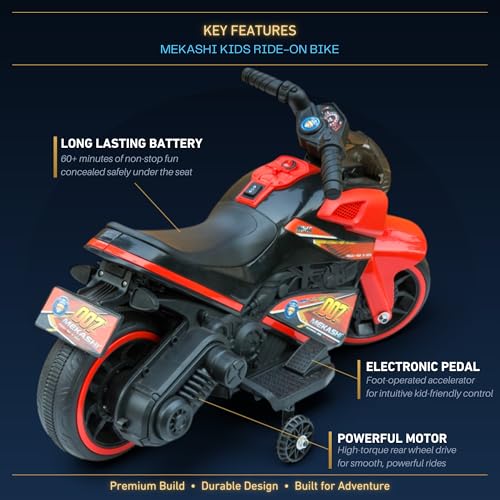 Image of MEKASHI 6V Electric Ride-On Bike for Kids with Bluetooth Music (Red) | Realistic styling with LED headlight, rechargeable battery & smooth ride performance for toddlers aged 1-4 years