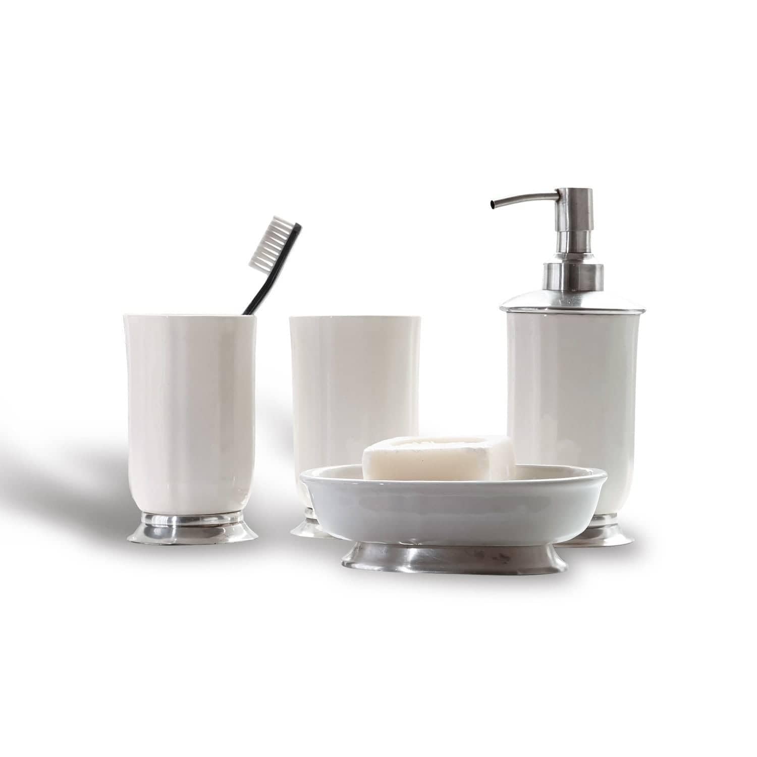 Loberon Millicent Set de Salle de Bains - Laiton et céramique - 2 gobelets, Une Coupe et Un Distributeur de Savon, Blanc/argenté