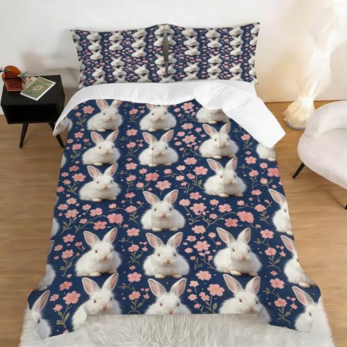 Image of Kawaii Floral Rabbit Comforter Set Queen Size Blue Pink Flower Bunny Bedding Sets for Kids Teens Boys Girls Bedroom Easter Decor Cute Animal Quilt 1 Comforter 2 Pillowcases