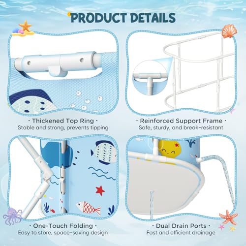 Faltbare Badewanne für Dusche, 92L x57W x 56H cm, freistehende Badewanne mit Sitz, Warmwasserdusche, Eisbad, Sauna, Massagewanne, tragbares Eisbad für Erwachsene (hellblau Ozean-Stil)