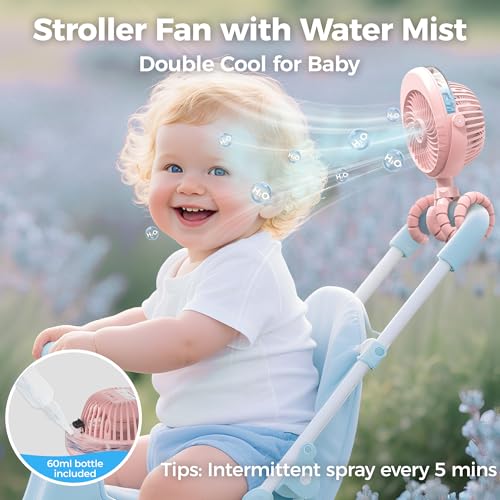Image of 2026 Upgraded Misting Baby Stroller Fan Rechargeable, Flexible Tripod Clip for Car Seat Crib, Baby Shower Gifts & Baby Registry Search, Newborn Essentials for Beach Travel, Disney Summer Essentials