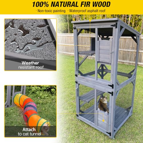 Aivituvin Cat House Outdoor Cat Catio Wooden Large Enclosure with Run on Wheels 70.9" Upgraded Version Catio with Reinforcement Strip,Waterproof Roof (Grey)