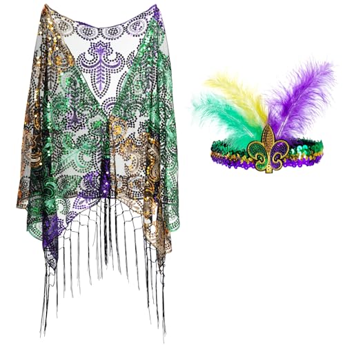 Mardi Gras Shawl Scarf Cape Poncho with Feather Headband for Women, Green Purple Yellow Masquerade Costumes Accessories Party Favor