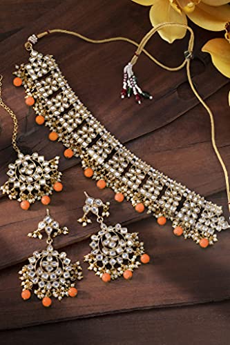 Image of Aheli Elegant Indian Faux Kundan Studded Choker Necklace with Maang Tikka Set Ethnic Wedding Wear Bharatanatyam jewellery set Gift for Women