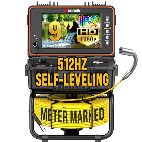 Dnenellr Cámara de Inspección de Tuberías con Sonda 512Hz Y Auto Nivelación 1080P, Cable con Marcadores Metros, Pantalla IPS HD de Nueve Pulgadas, 32GB DVR, Batería 5100mAh, IP68 Impermeable (20M)