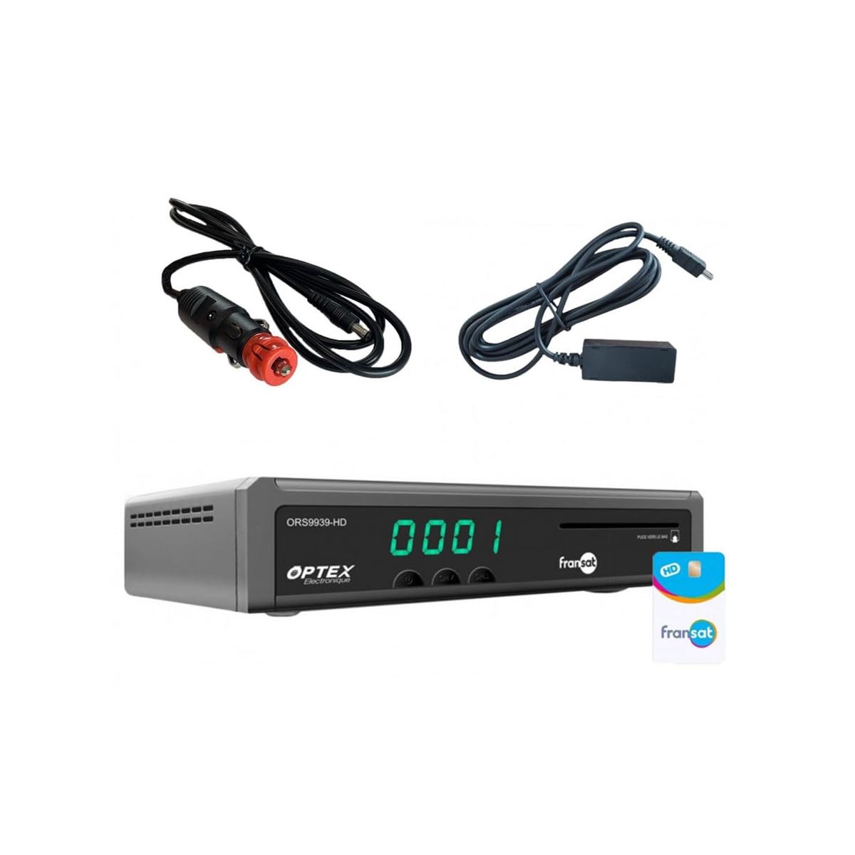 Pack OPTEX Récepteur TV Satellite HD enregistreur USB + Carte Fransat PC7 + Cable 12V + Déport IR