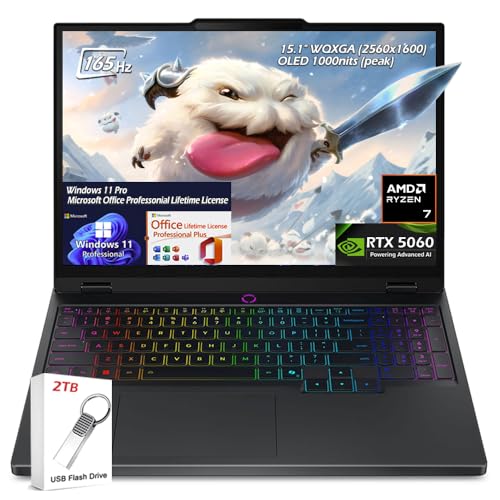 Image of Lenovo Legion 5 15.1 inch WQXGA OLED 165HZ Gaming Notebook, AMD Ryzen 7 260, RTX 5060, Wi-Fi7, Backlit KB, Win11 Pro & Office Lifetime License, Eclipse Black (16GB RAM 1TB SSD),w /2TB USB Drive, W /GaLiMu