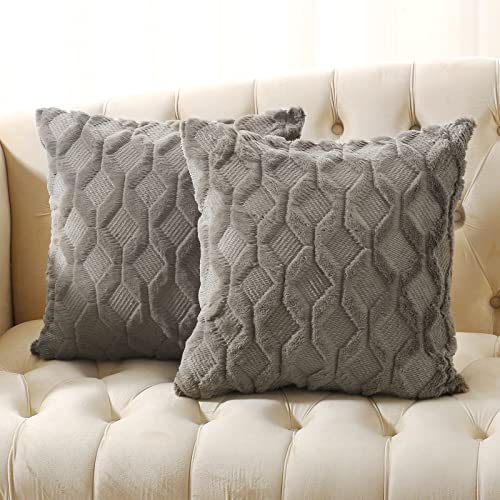 Volcanics Pack of 2 Faux Wool Throw Pillow Covers 18x18 Inches Decorative Farmhouse Velvet Couch Pillow Case Soft Plush Square Boho Cushion Pillowcase, Dark Grey