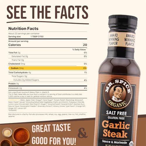 Image of Mr. Spice Organic Garlic Steak Sauce, Salt Free Steak Sauce and Marinade, Gluten Free, Low Sodium Sauces and Marinades, Grill & Air Fryer, No Salt Award-Winning Flavor, 13.5 Ounce (Pack of 1)