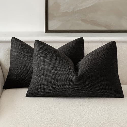 Image of Foindtower Set of 2 Decorative Textured Burlap Linen Throw Pillow Covers Farmhouse Boho Lumbar Cushion Cover Solid Accent Pillowcase for Couch Sofa Bed Living Room Home Decor,12x20 Inch,Black