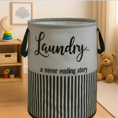 Image of Foldable Laundry Hamper, Grey Striped Design, Stackable Fabric Storage Basket