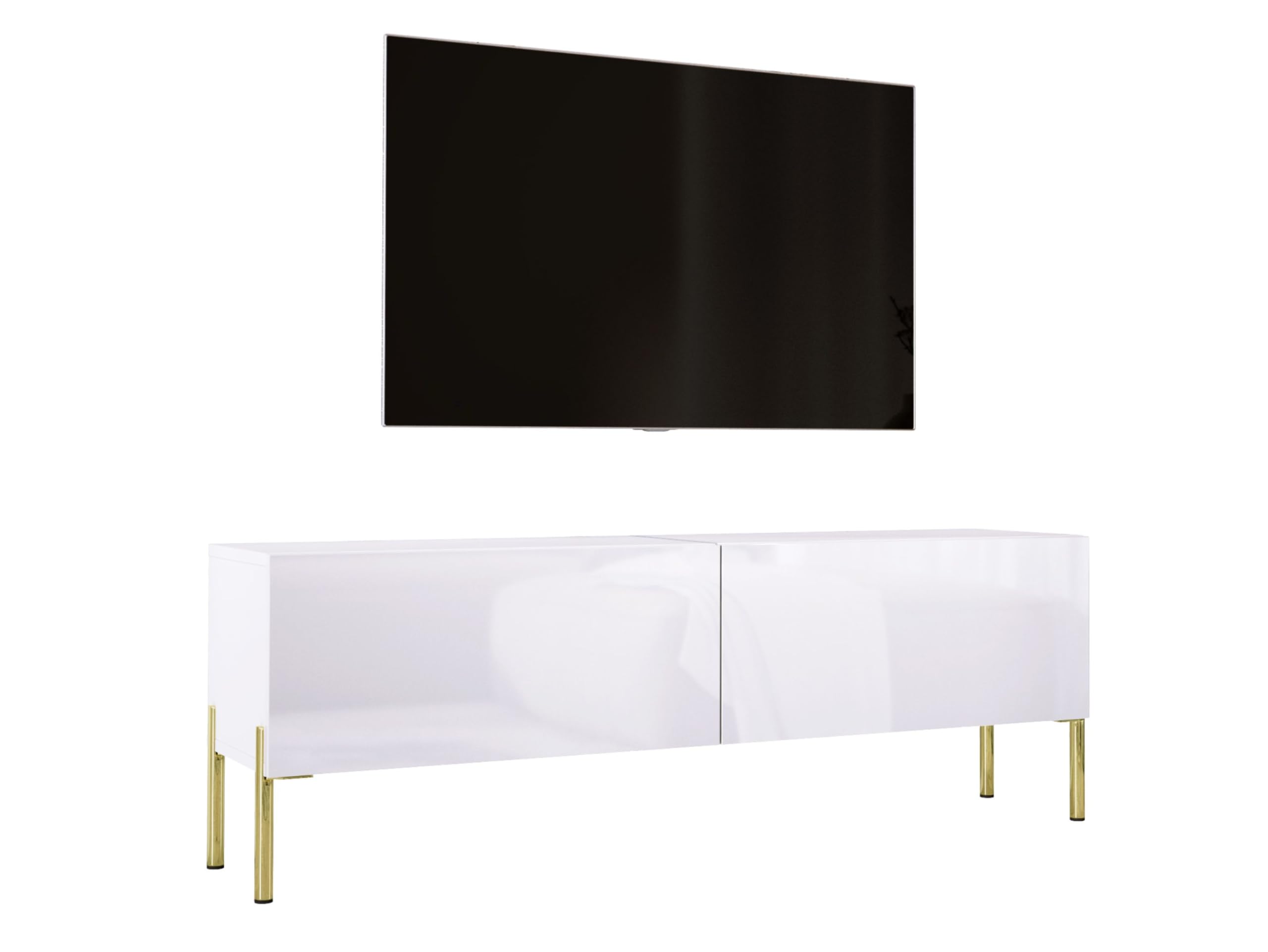 3E 3xE living.​com Mobile TV largo 140 cm in colore Blanc mat/​Blanc brillant con gambe dritte in oro, D: L: 140 cm, A: 52 cm, P: 32 cm