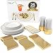 Juego de vajilla de platos de plástico dorado para 25 invitados | Vasos y pajitas reutilizables con borde de 12 oz | 175 piezas [25 tenedores, cuchillos, cucharas, tazas, platos de ensalada y cena]